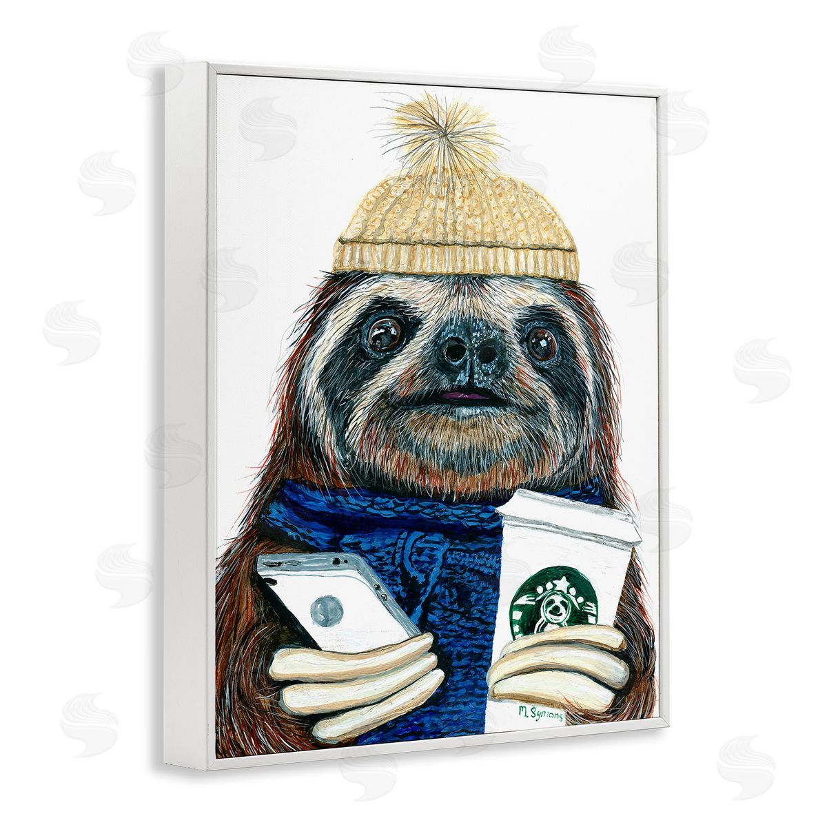 Hipster Sloth Coffee Culture White Frame Print Wall Art, Home Decor by Melissa Symons
