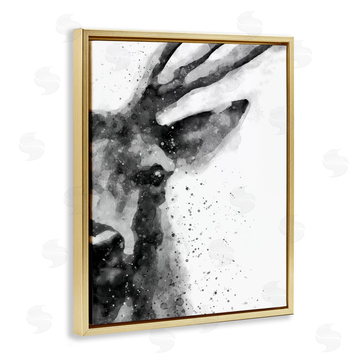 Elk Portrait Paint Splatter Gold Floating Frame Canvas Wall Art, Home Decor by Brandon Wong