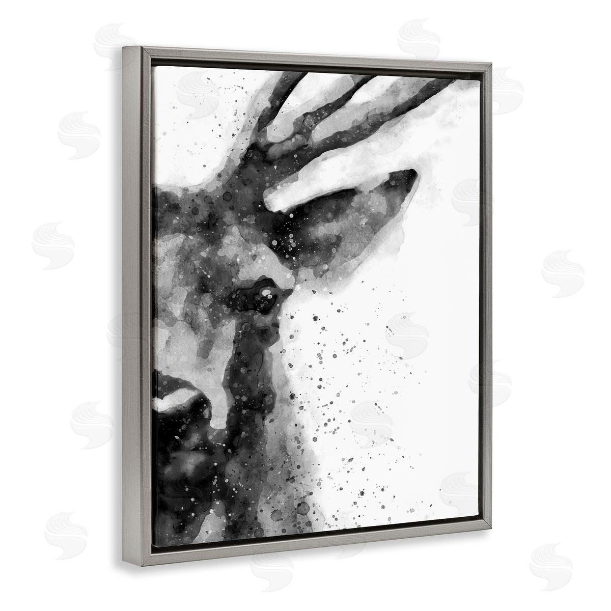 Elk Portrait Paint Splatter Grey Floating Frame Canvas Wall Art, Home Decor by Brandon Wong