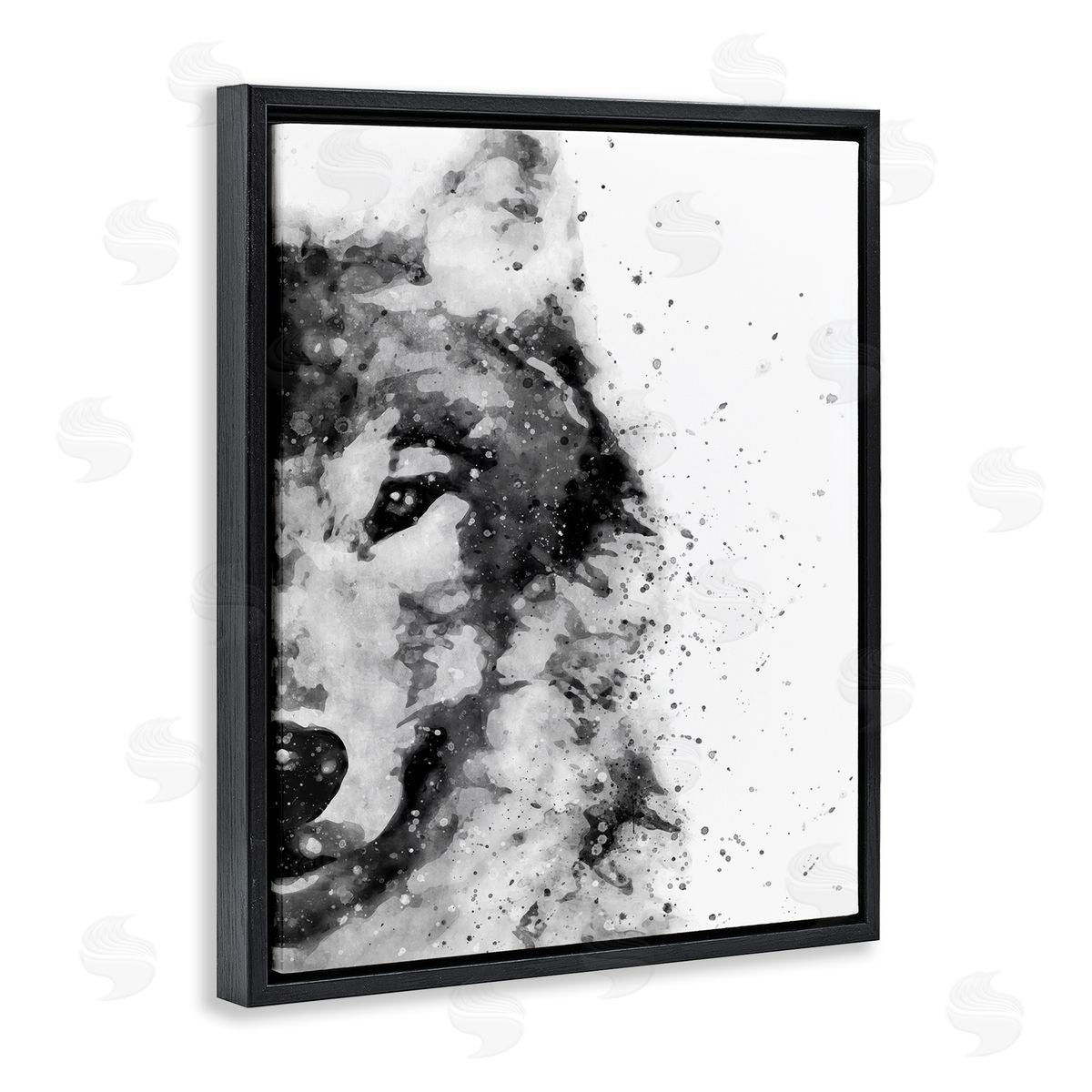 Wolf Portrait Paint Splatter Black Floating Frame Canvas Wall Art, Home Decor by Brandon Wong