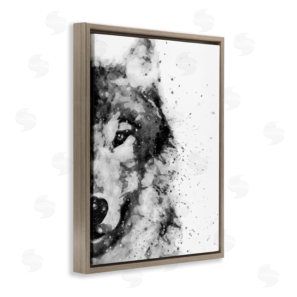 Wolf Portrait Paint Splatter Brown Floating Frame Canvas Wall Art, Home Decor by Brandon Wong