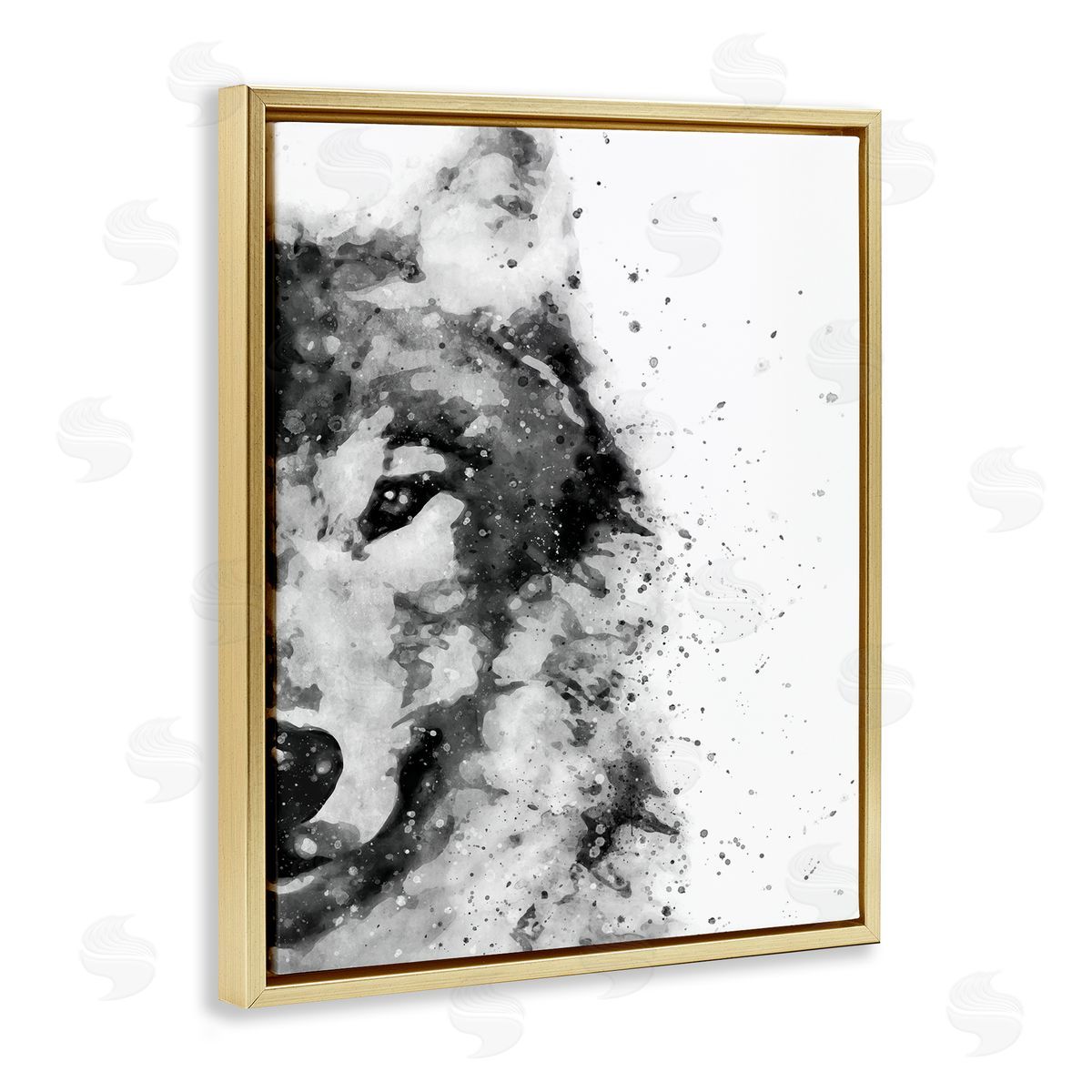 Wolf Portrait Paint Splatter Gold Floating Frame Canvas Wall Art, Home Decor by Brandon Wong