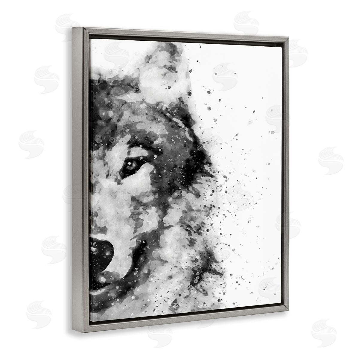 Wolf Portrait Paint Splatter Grey Floating Frame Canvas Wall Art, Home Decor by Brandon Wong