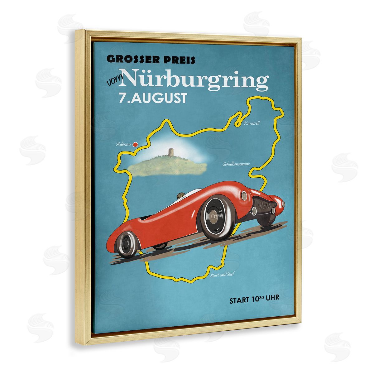 Vintage Race Red Car Gold Floating Frame Canvas Wall Art, Home Decor by Mark Rogan