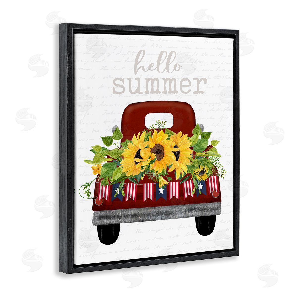 Hello Summer Sunflower Truck Black Floating Frame Canvas Wall Art, Home Decor by Lettered and Lined