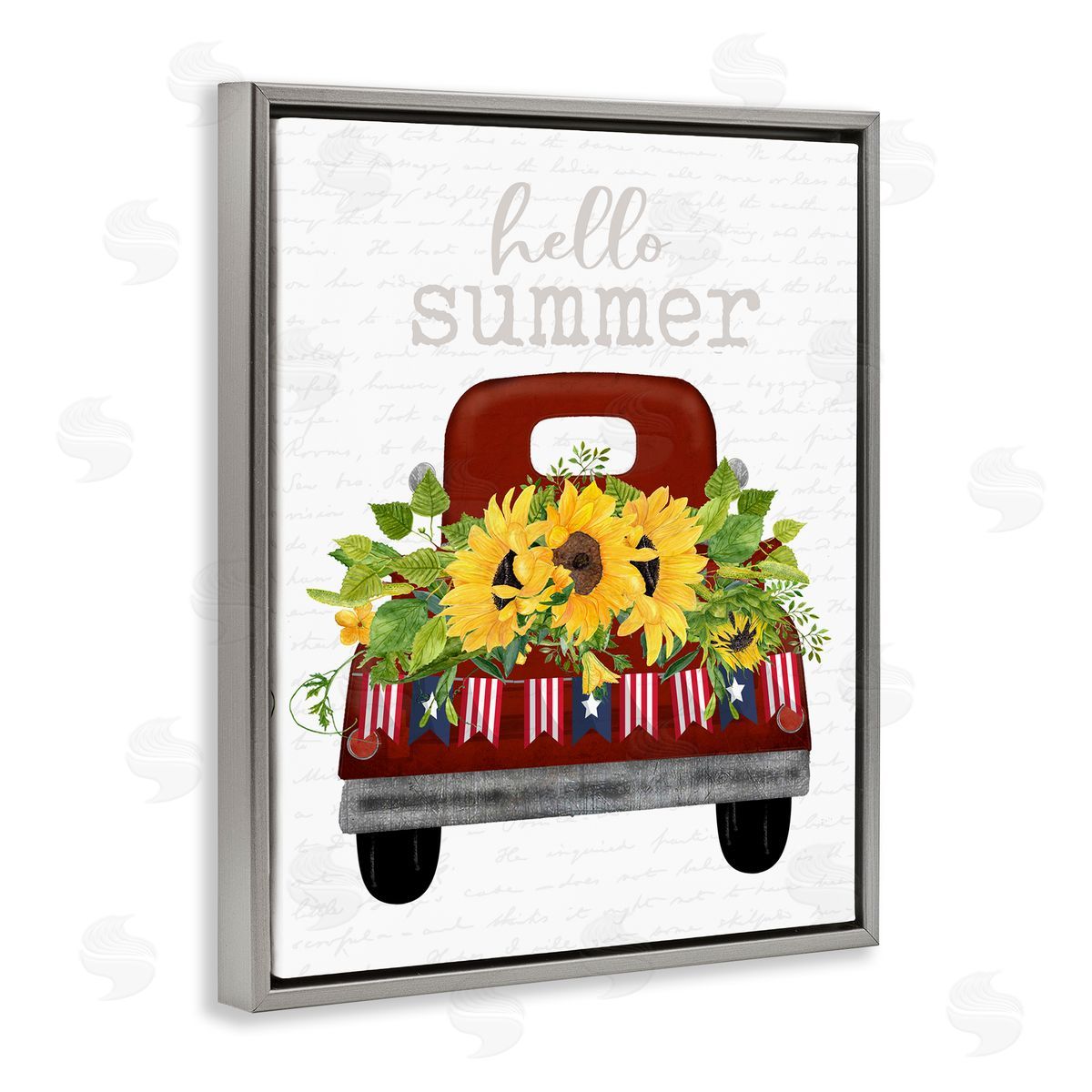 Hello Summer Sunflower Truck Grey Floating Frame Canvas Wall Art, Home Decor by Lettered and Lined