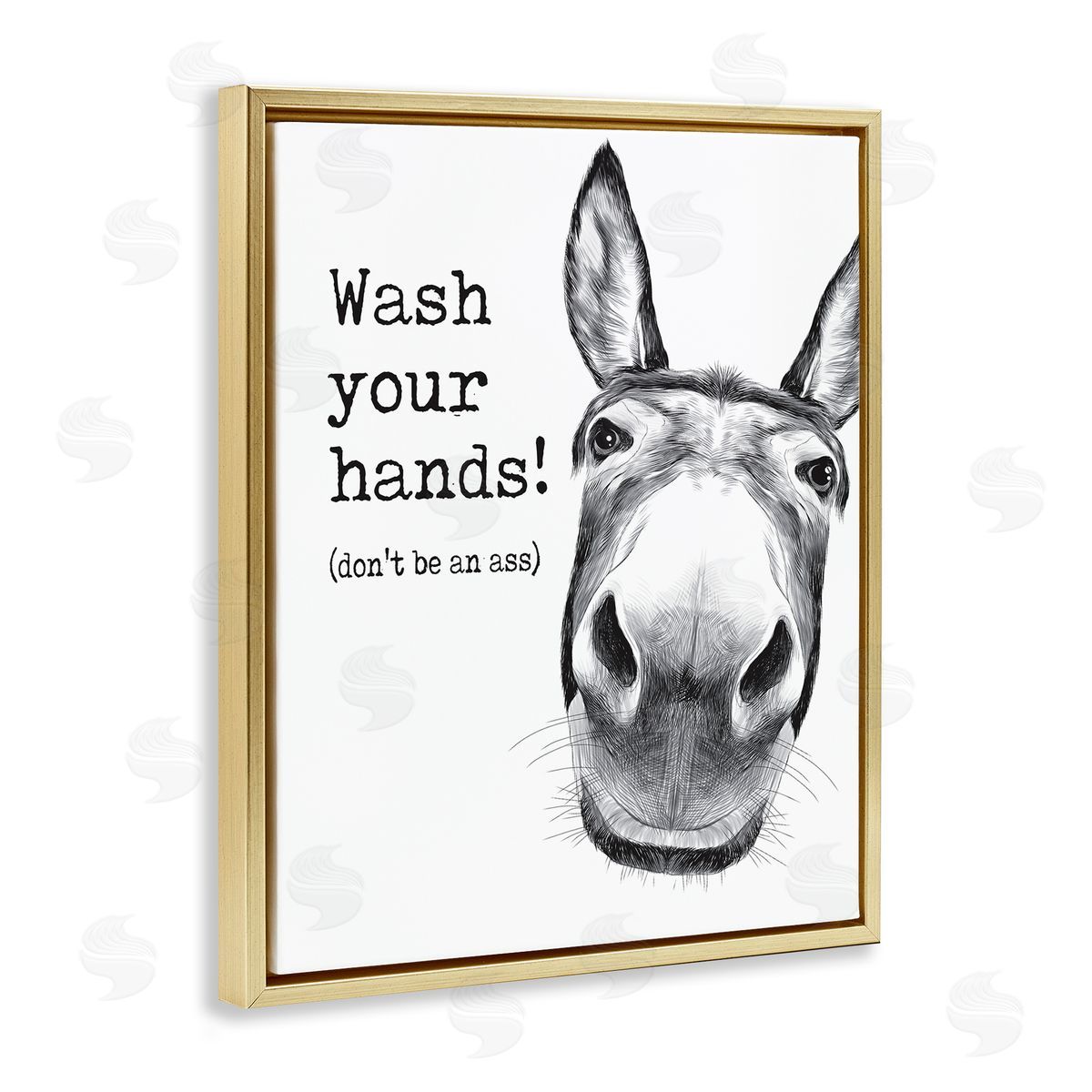 Wash Your Hands Donkey Quote Gold Floating Frame Canvas Wall Art, Home Decor by Lettered and Lined