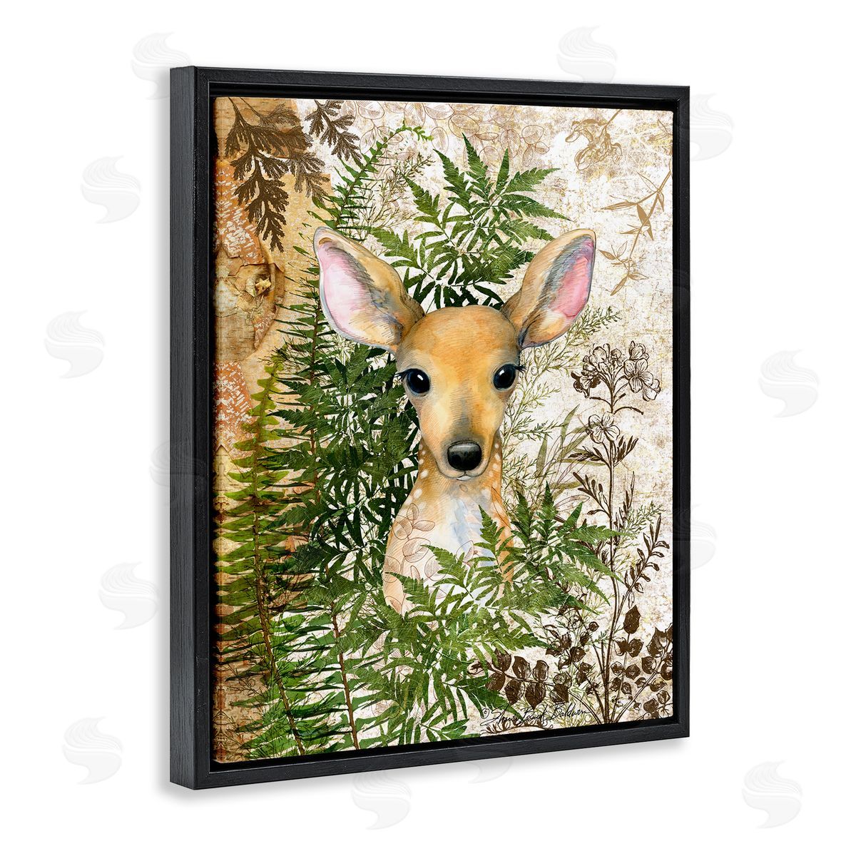 Baby Fawn in Fern Forest Black Floating Frame Canvas Wall Art, Home Decor by Sherri Buck Baldwin