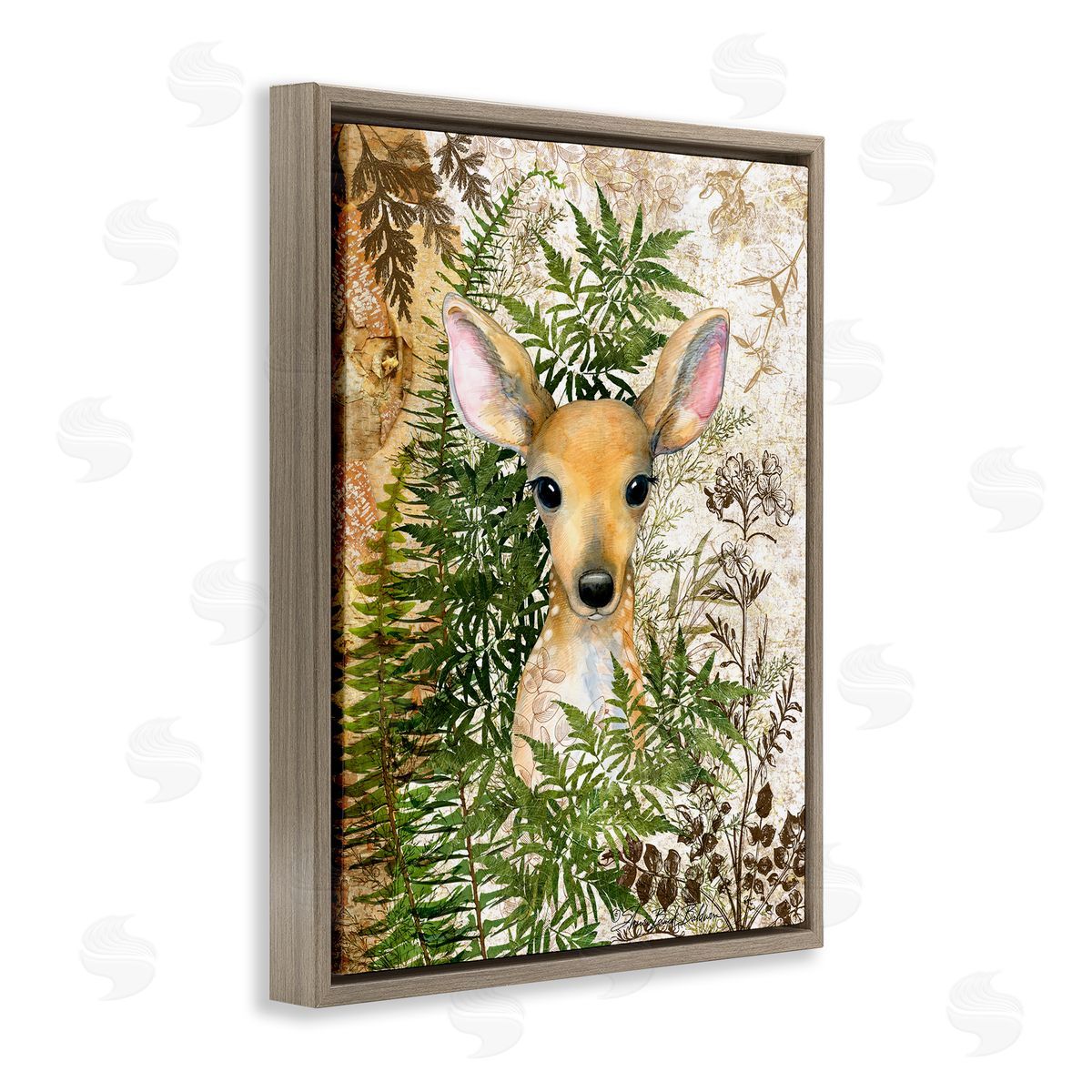 Baby Fawn in Fern Forest Brown Floating Frame Canvas Wall Art, Home Decor by Sherri Buck Baldwin