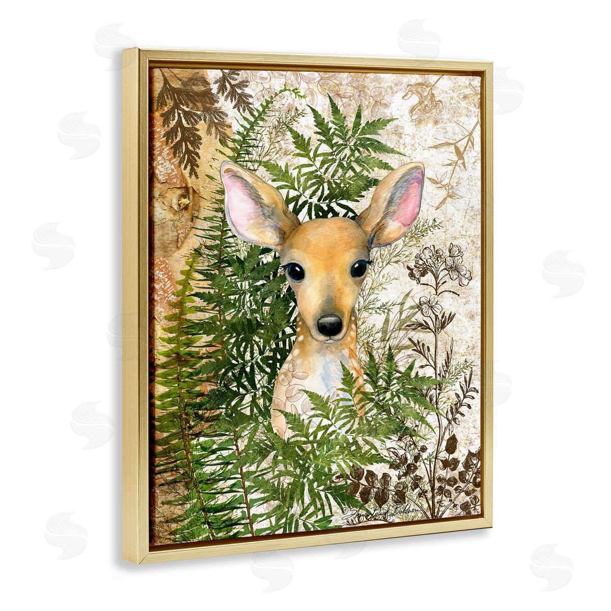 Baby Fawn in Fern Forest Gold Floating Frame Canvas Wall Art, Home Decor by Sherri Buck Baldwin