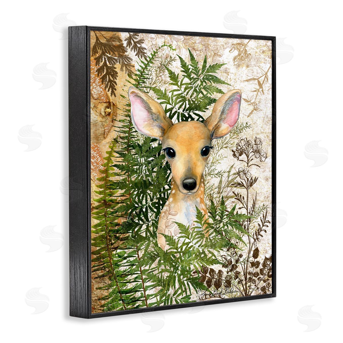 Baby Fawn in Fern Forest Black Frame Print Wall Art, Home Decor by Sherri Buck Baldwin