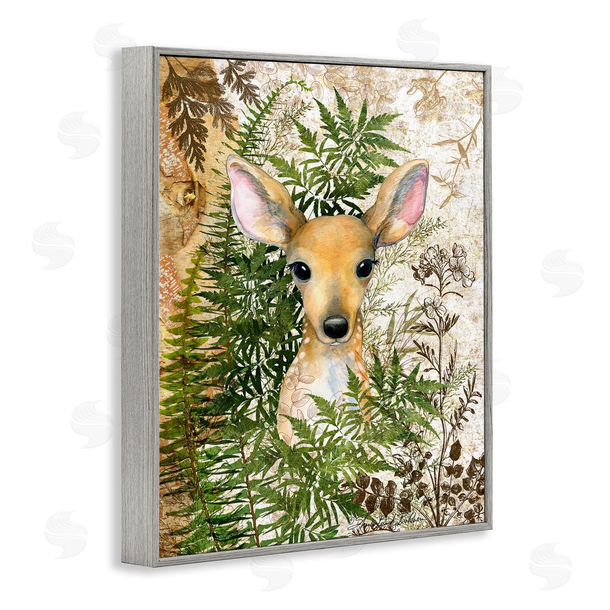 Baby Fawn in Fern Forest Grey Frame Print Wall Art, Home Decor by Sherri Buck Baldwin