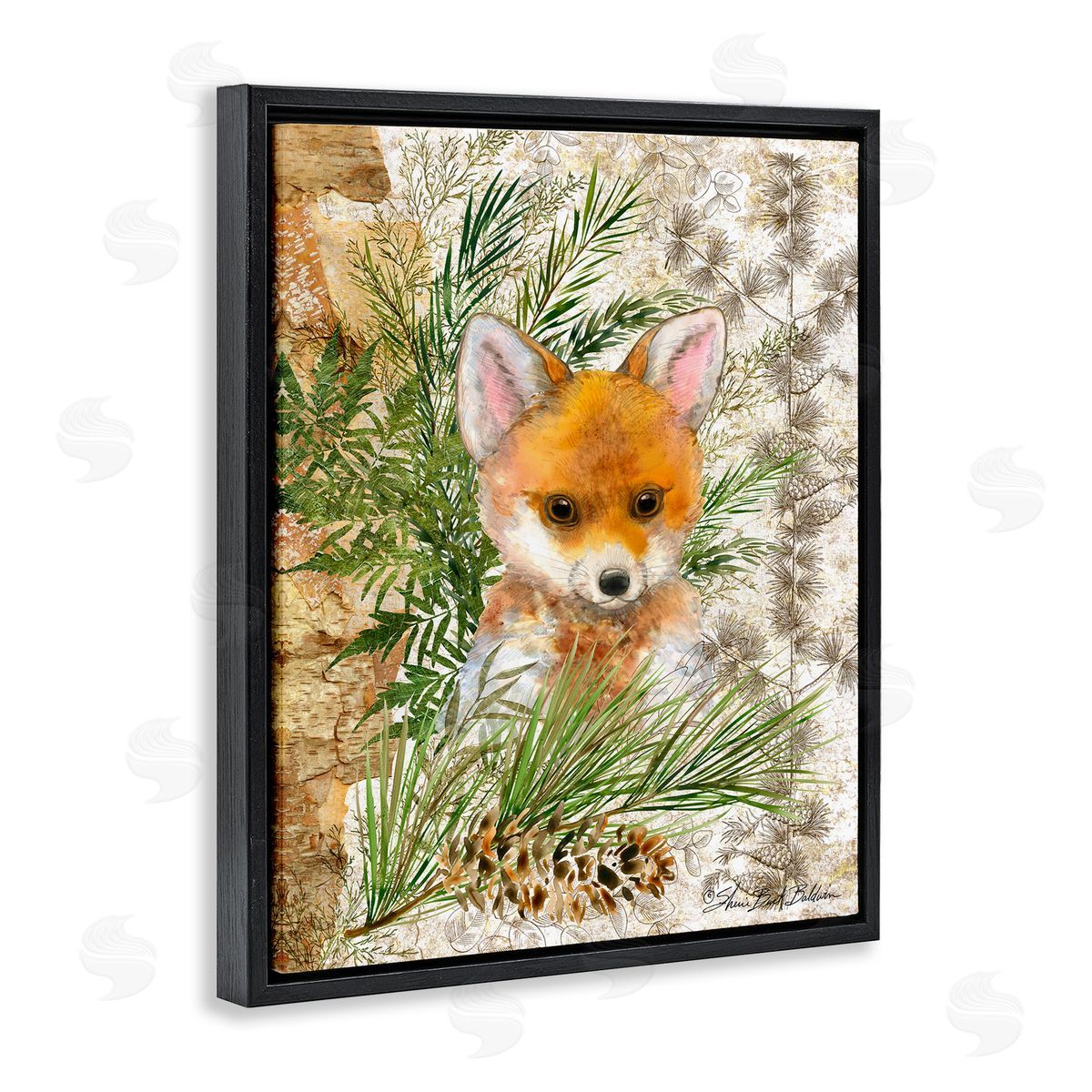 Baby Fox in Fern Forest Black Floating Frame Canvas Wall Art, Home Decor by Sherri Buck Baldwin