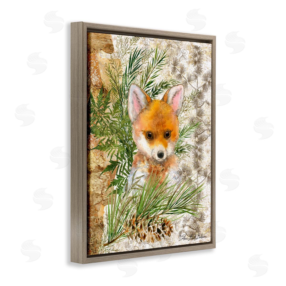 Baby Fox in Fern Forest Brown Floating Frame Canvas Wall Art, Home Decor by Sherri Buck Baldwin