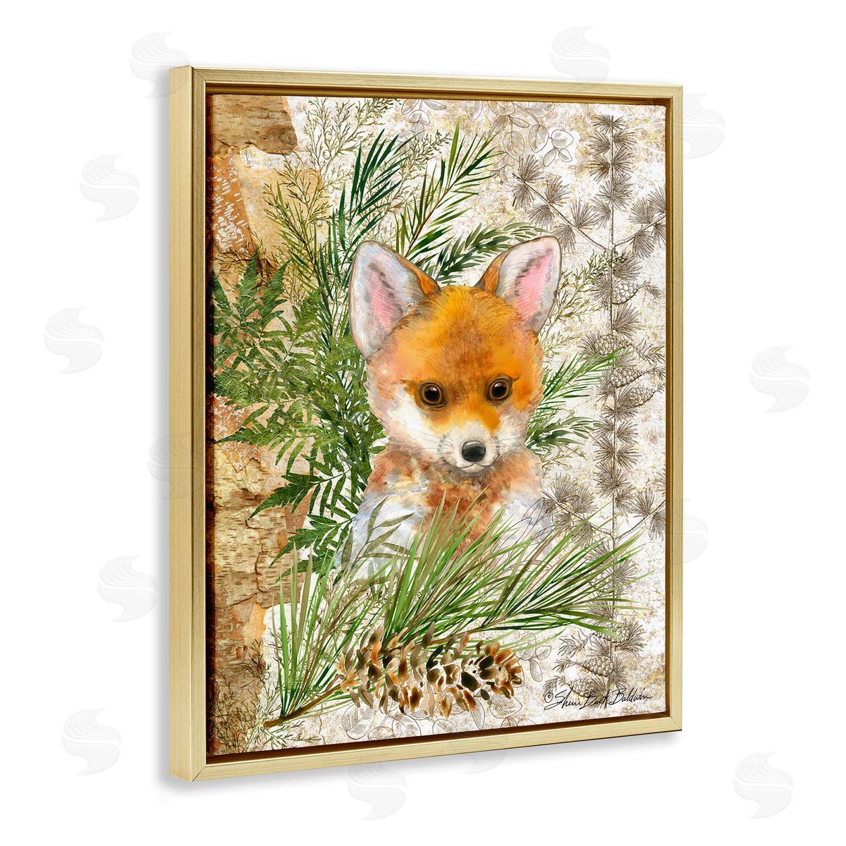 Baby Fox in Fern Forest Gold Floating Frame Canvas Wall Art, Home Decor by Sherri Buck Baldwin