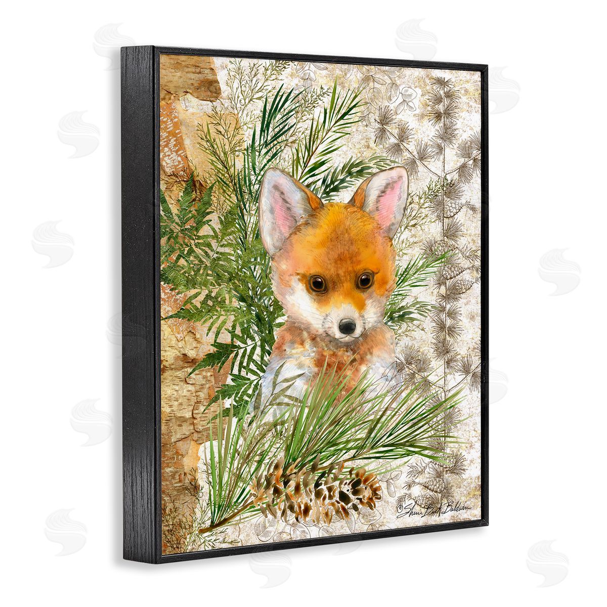 Baby Fox in Fern Forest Black Frame Print Wall Art, Home Decor by Sherri Buck Baldwin