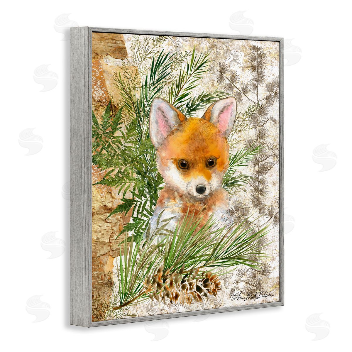 Baby Fox in Fern Forest Grey Frame Print Wall Art, Home Decor by Sherri Buck Baldwin