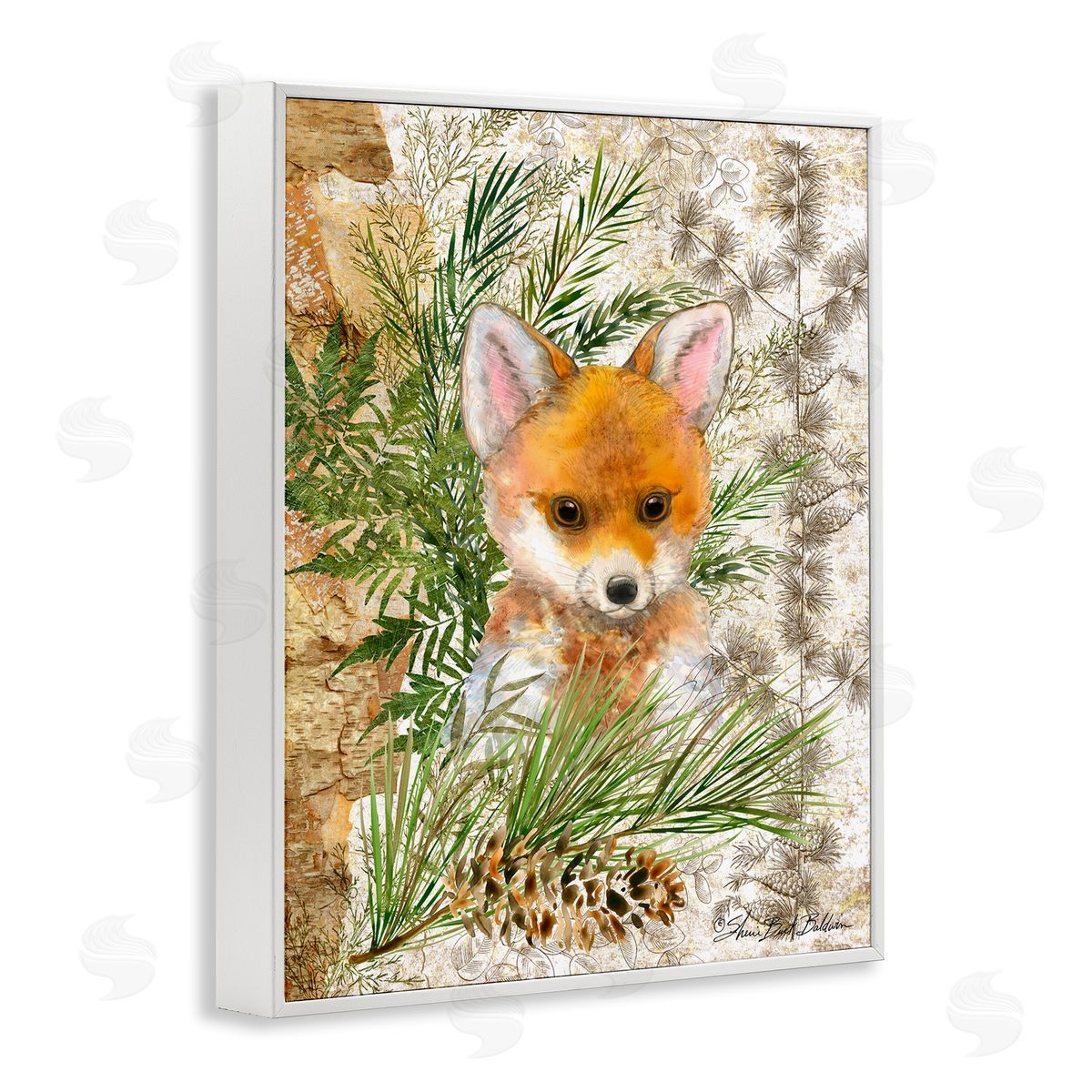 Baby Fox in Fern Forest White Frame Print Wall Art, Home Decor by Sherri Buck Baldwin
