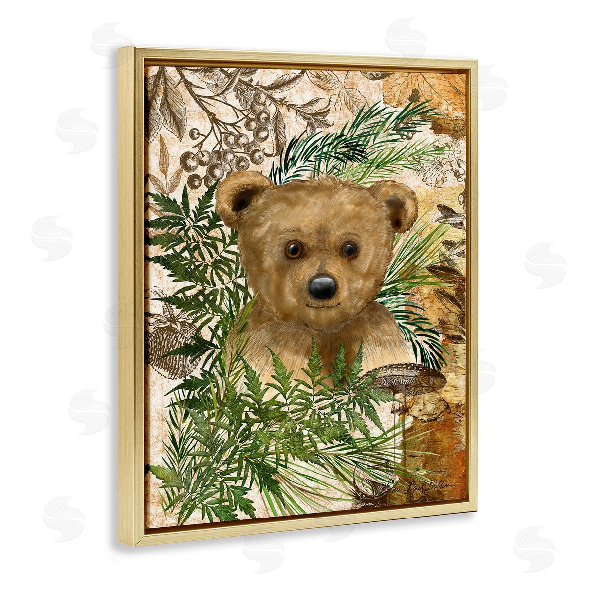 Bear Cub in Fern Forest Gold Floating Frame Canvas Wall Art, Home Decor by Sherri Buck Baldwin
