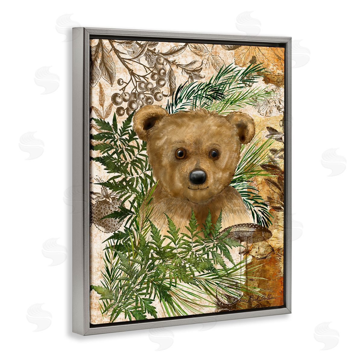 Bear Cub in Fern Forest Grey Floating Frame Canvas Wall Art, Home Decor by Sherri Buck Baldwin