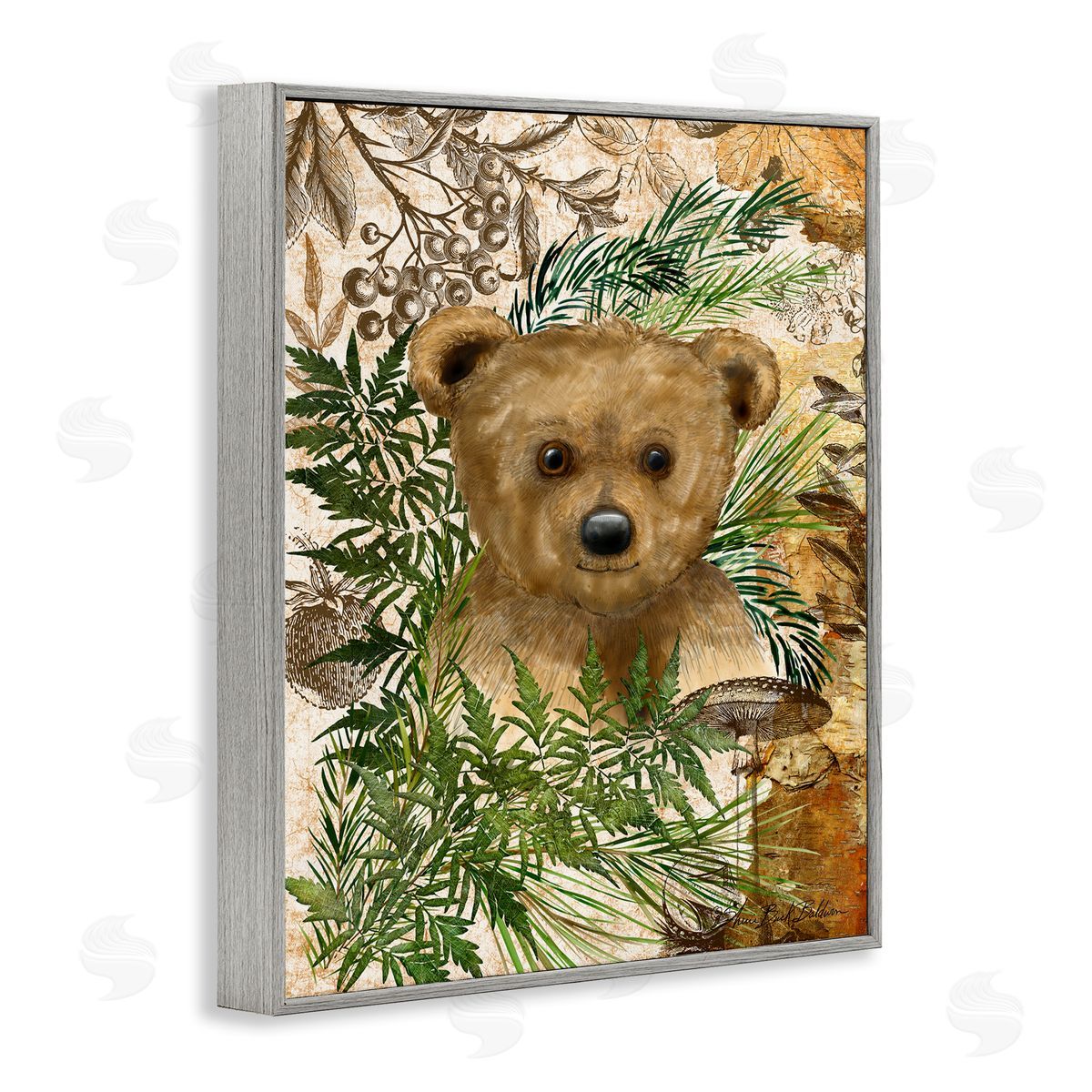 Bear Cub in Fern Forest Grey Frame Print Wall Art, Home Decor by Sherri Buck Baldwin