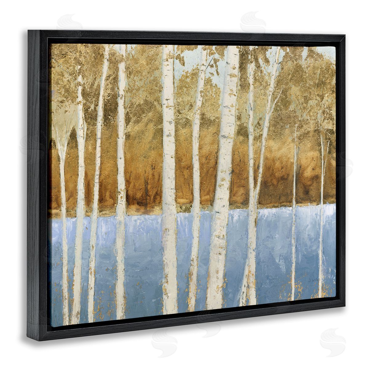 Birch Tree Lake Blue Brown Black Floating Frame Canvas Wall Art, Home Decor by James Wiens