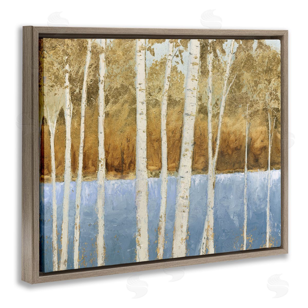 Birch Tree Lake Blue Brown Brown Floating Frame Canvas Wall Art, Home Decor by James Wiens