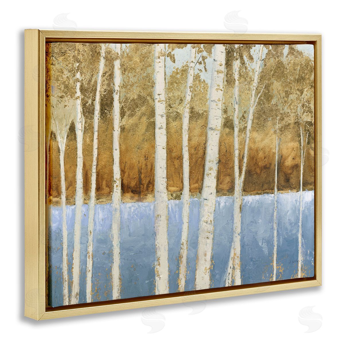 Birch Tree Lake Blue Brown Gold Floating Frame Canvas Wall Art, Home Decor by James Wiens