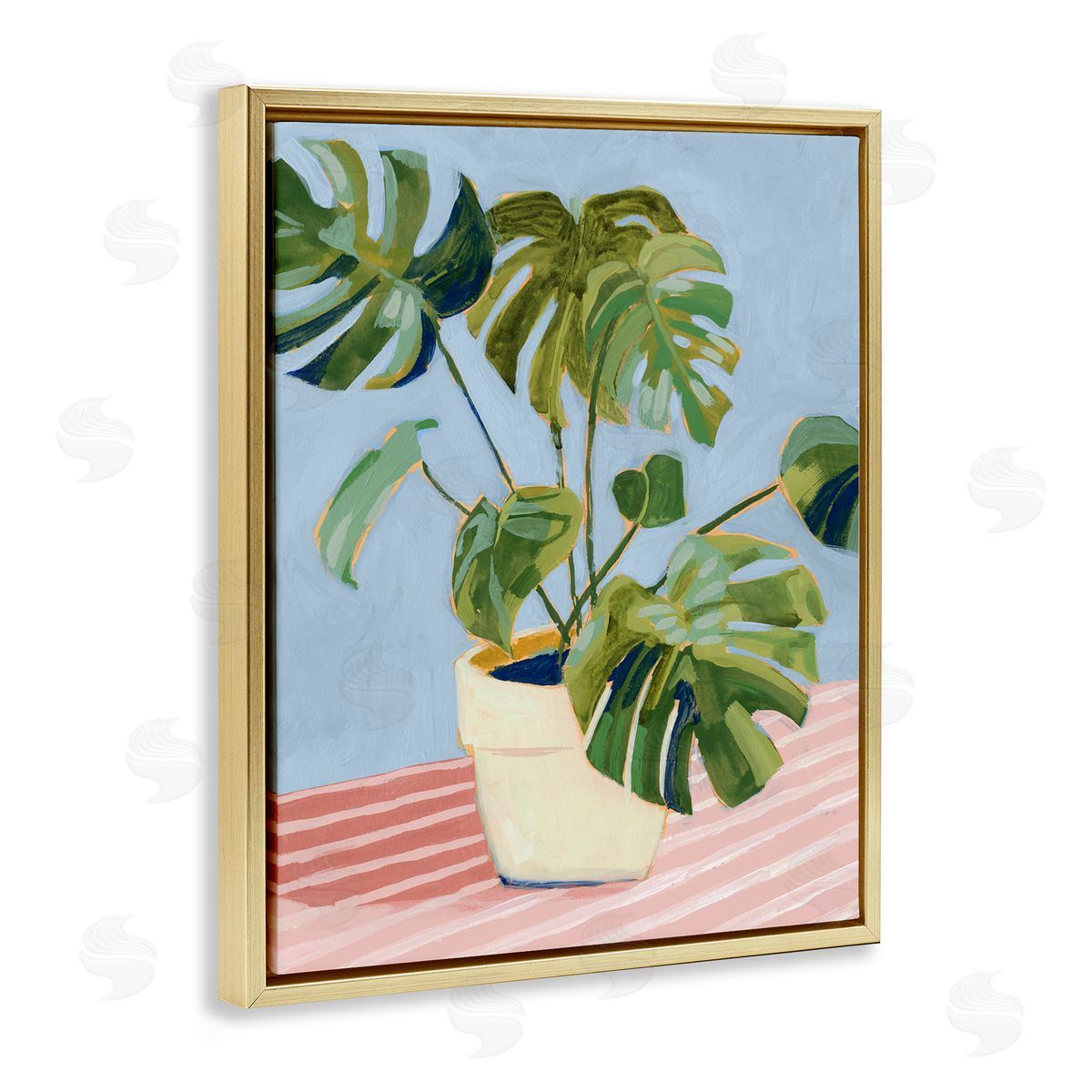 Monstera Plant on Stripes Gold Floating Frame Canvas Wall Art, Home Decor by Victoria Borges