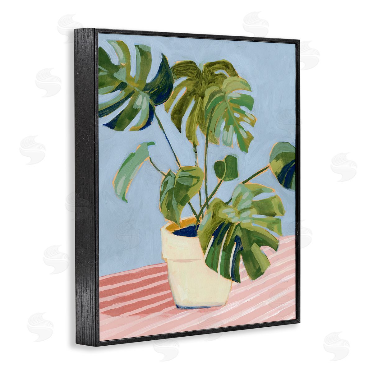 Monstera Plant on Stripes Black Frame Print Wall Art, Home Decor by Victoria Borges