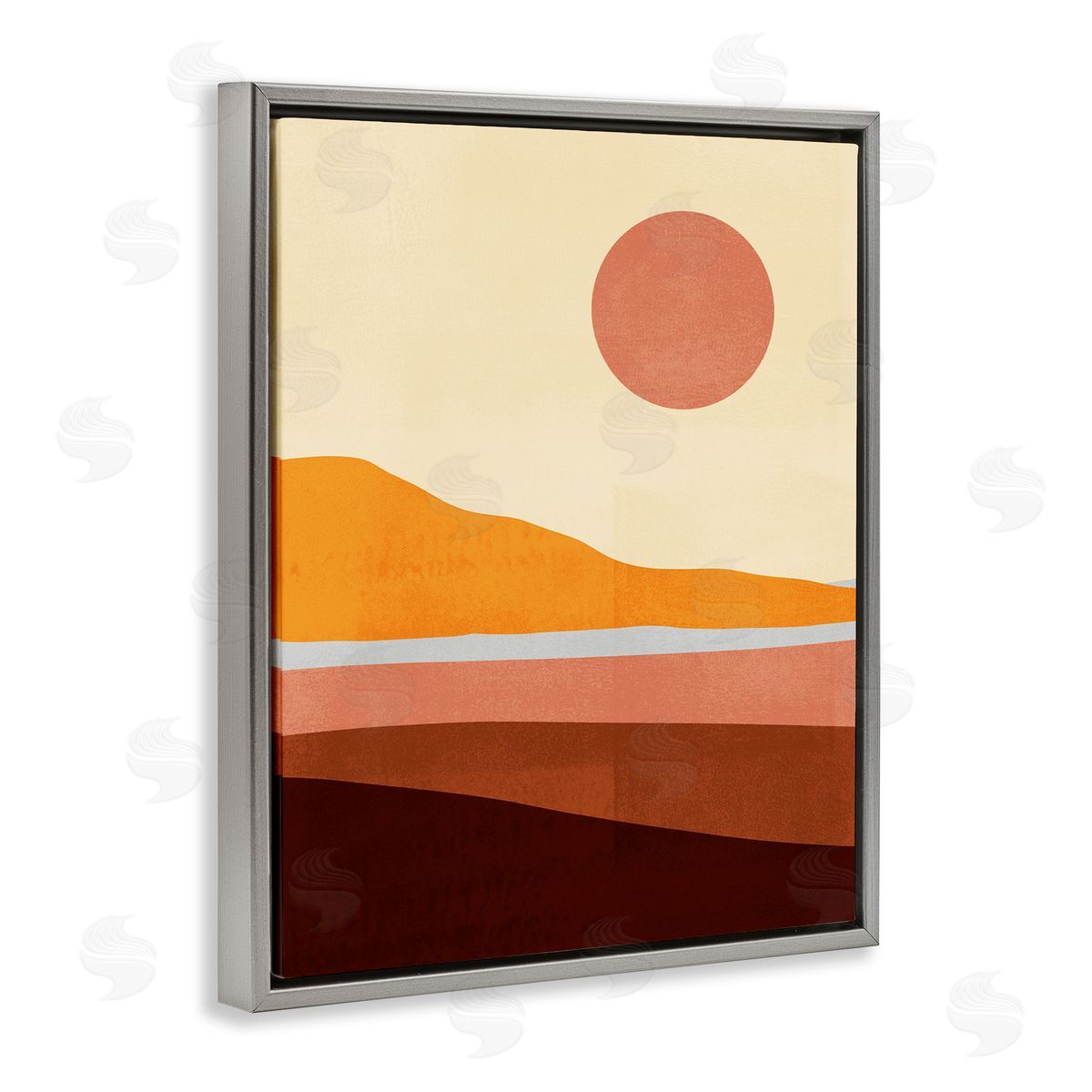 Pink Sun over Beach Coast Grey Floating Frame Canvas Wall Art, Home Decor by Victoria Borges