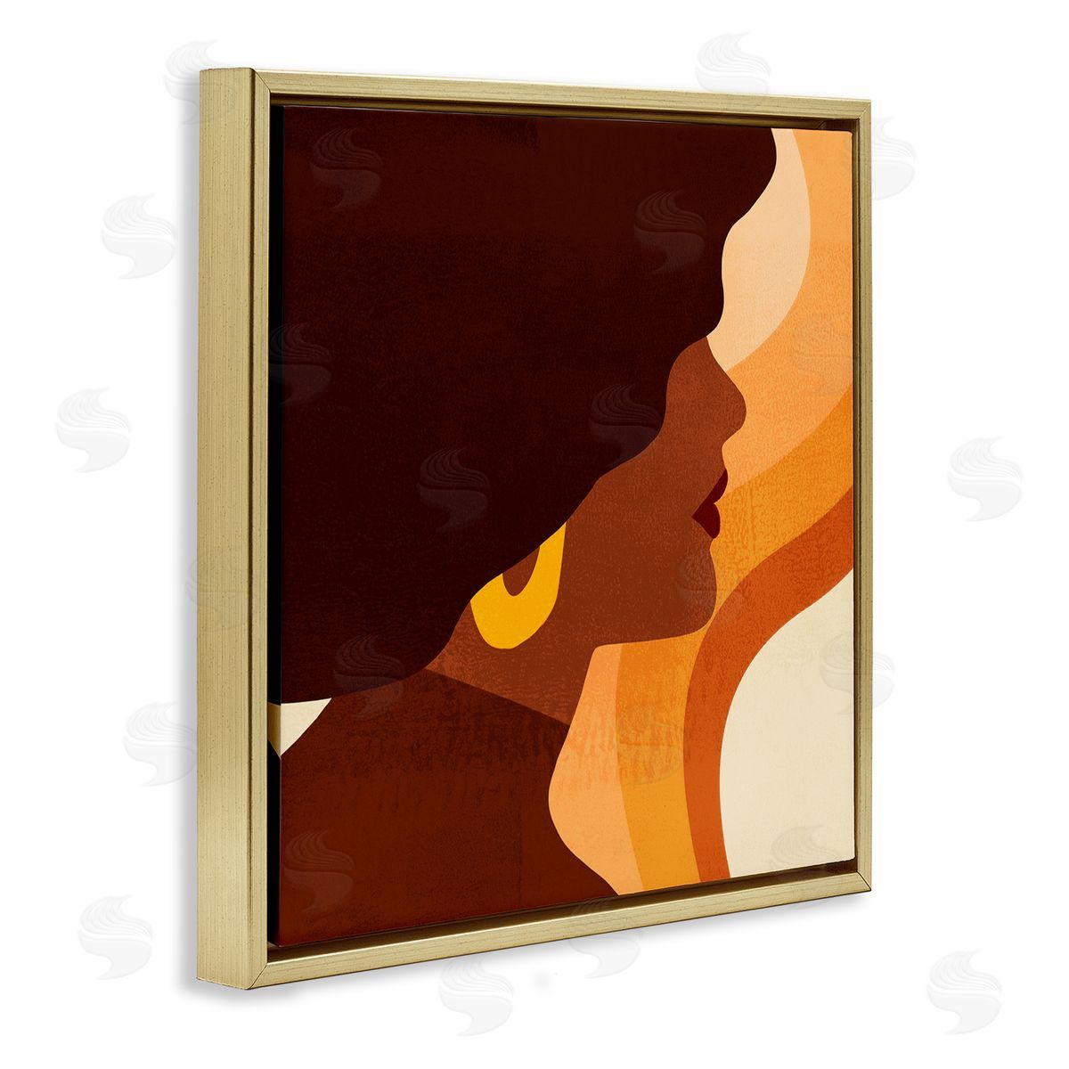 Retro Swirls Female Portrait Gold Floating Frame Canvas Wall Art, Home Decor by Victoria Borges