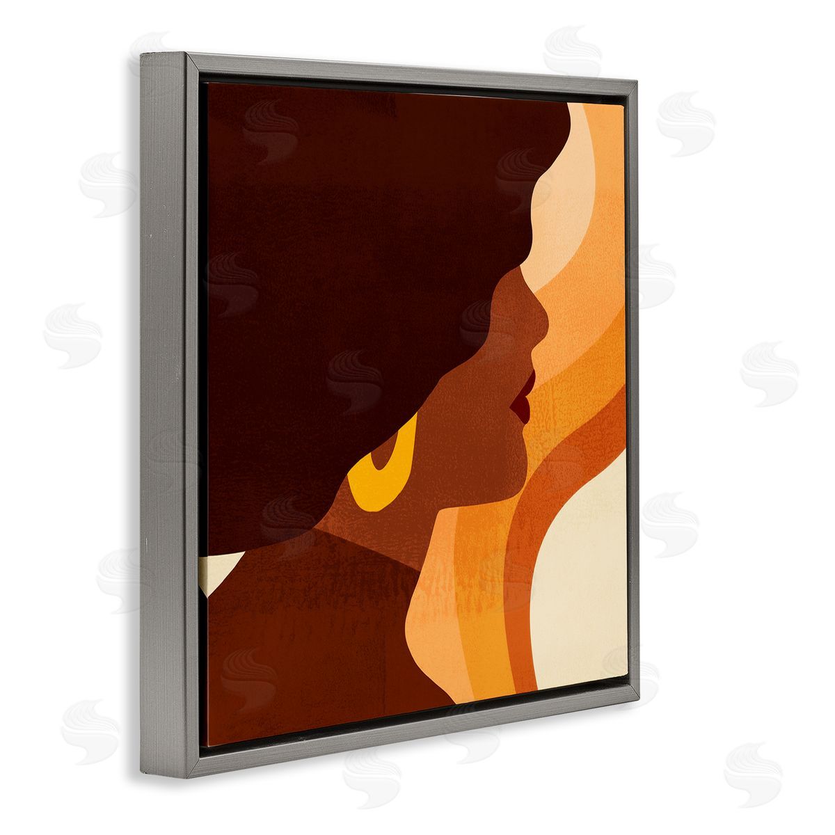 Retro Swirls Female Portrait Grey Floating Frame Canvas Wall Art, Home Decor by Victoria Borges