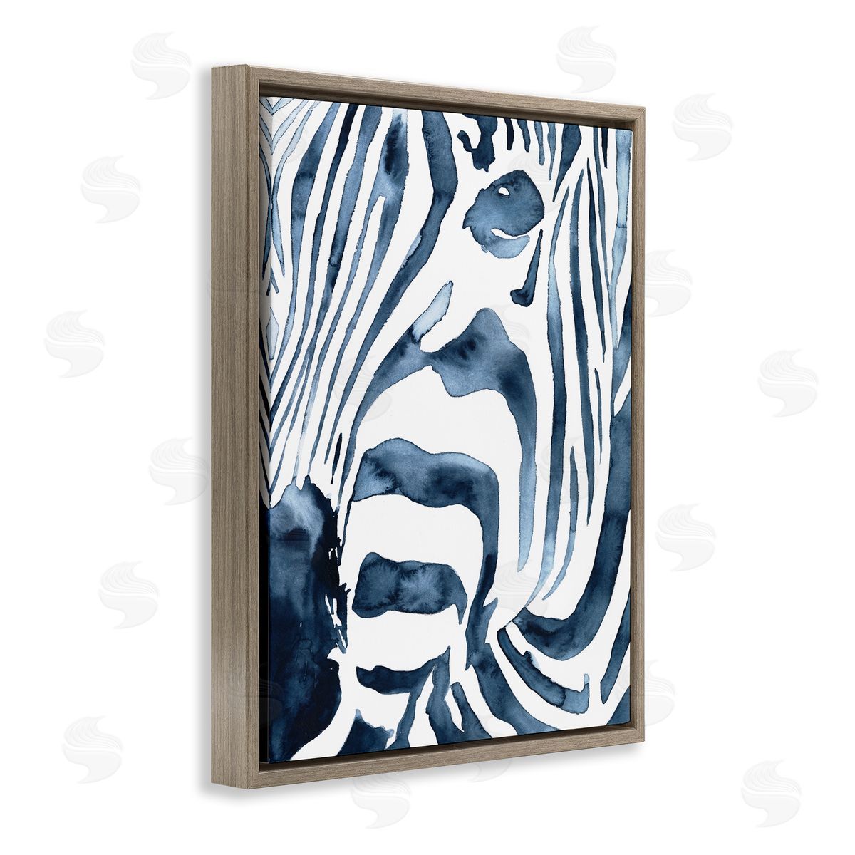 Blue Zebra Stripe Portrait Brown Floating Frame Canvas Wall Art, Home Decor by Victoria Borges