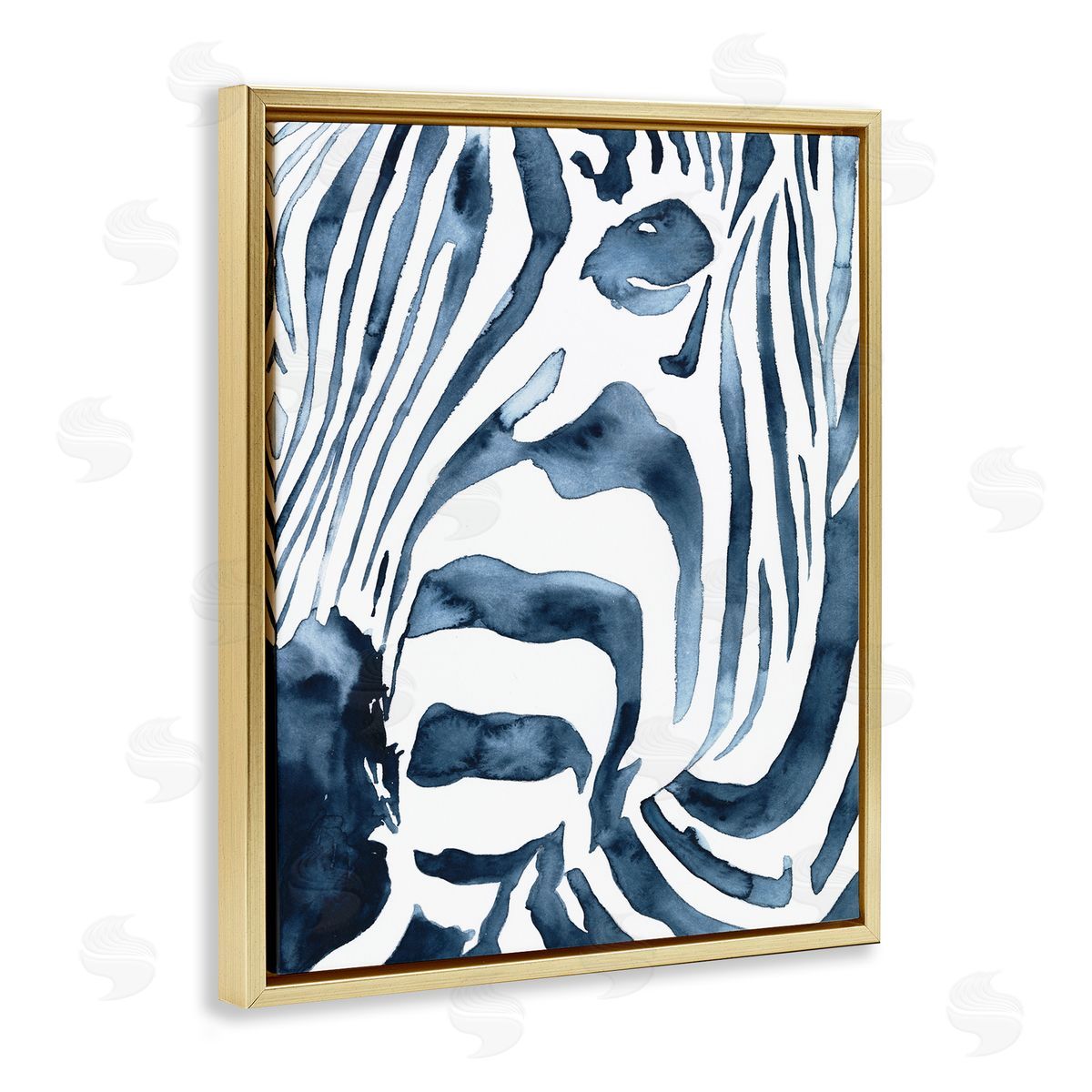 Blue Zebra Stripe Portrait Gold Floating Frame Canvas Wall Art, Home Decor by Victoria Borges