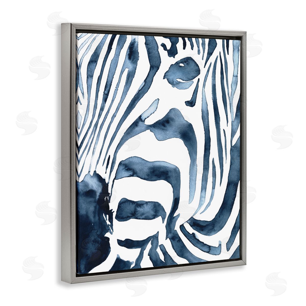 Blue Zebra Stripe Portrait Grey Floating Frame Canvas Wall Art, Home Decor by Victoria Borges