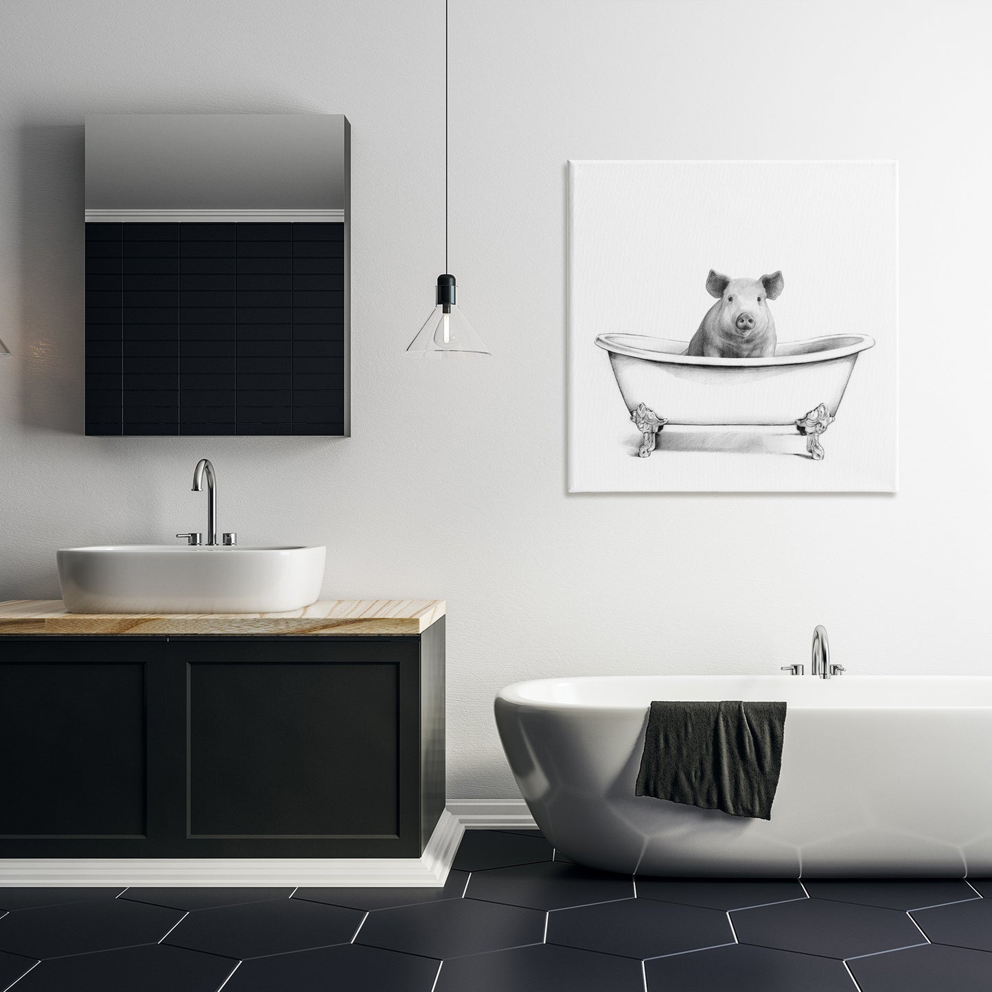 Hog in Bathtub Sketch Canvas Wall Art in Room, Home Decor by Victoria Borges