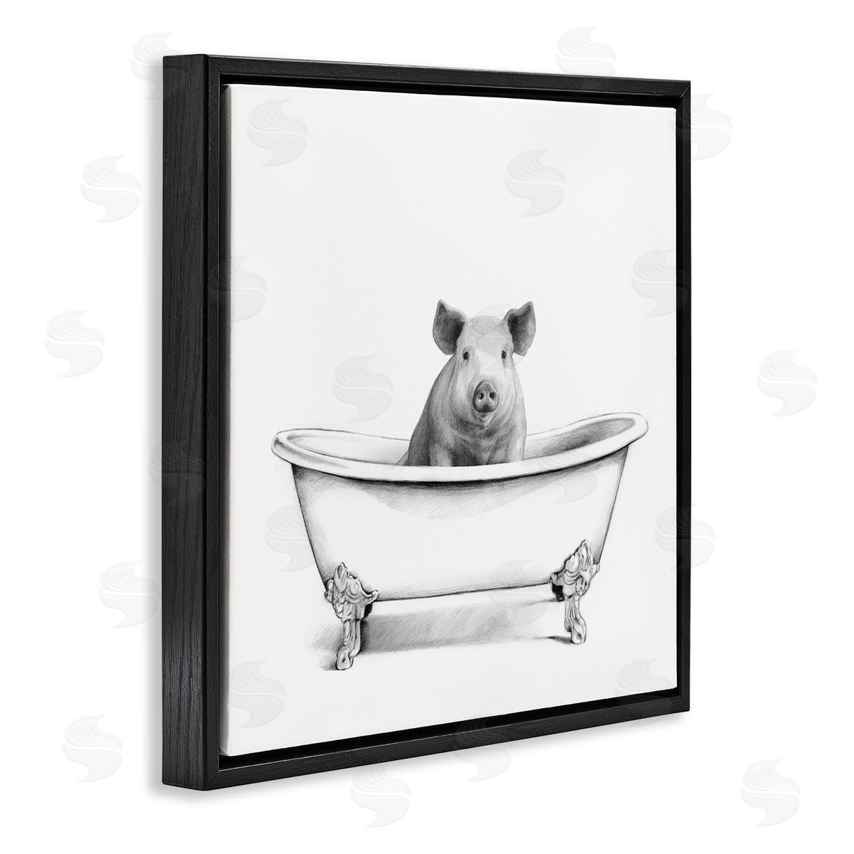 Hog in Bathtub Sketch Black Floating Frame Canvas Wall Art, Home Decor by Victoria Borges
