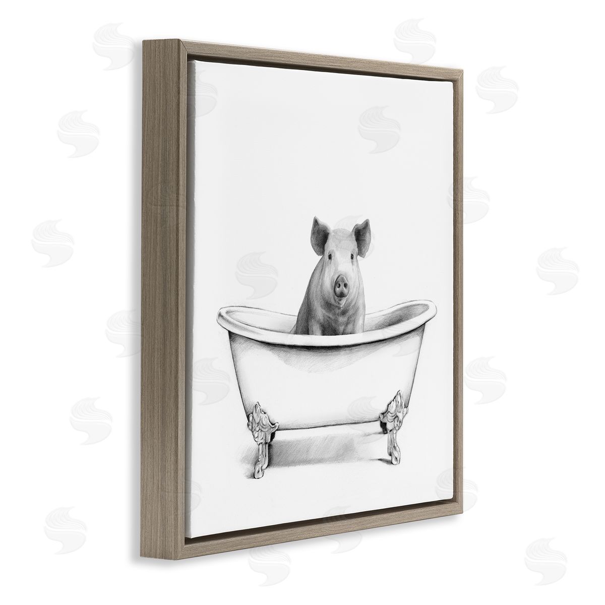 Hog in Bathtub Sketch Brown Floating Frame Canvas Wall Art, Home Decor by Victoria Borges