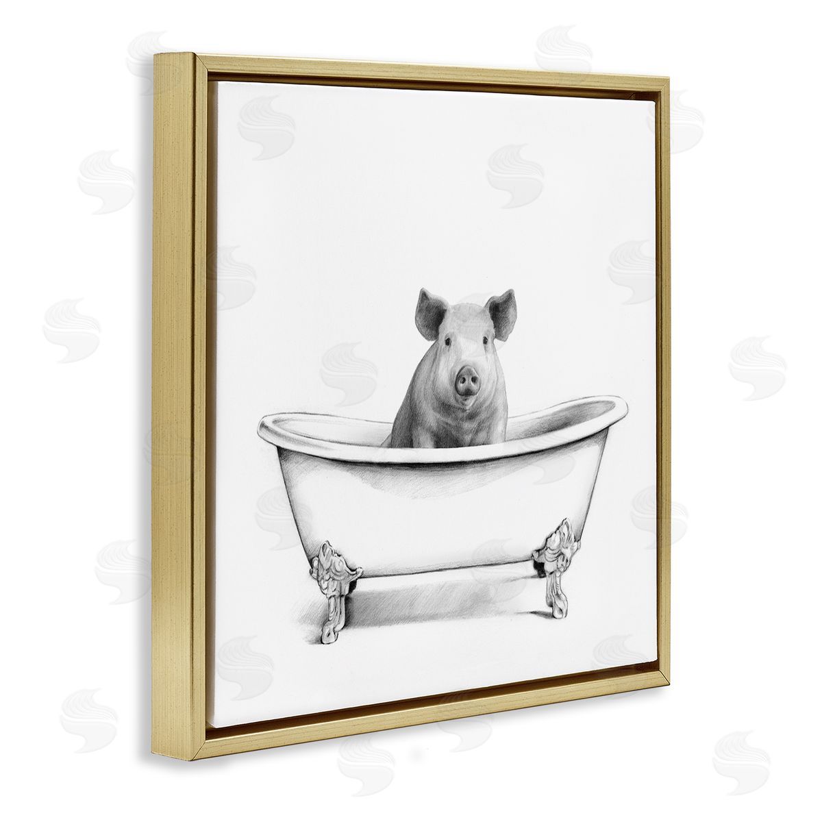 Hog in Bathtub Sketch Gold Floating Frame Canvas Wall Art, Home Decor by Victoria Borges