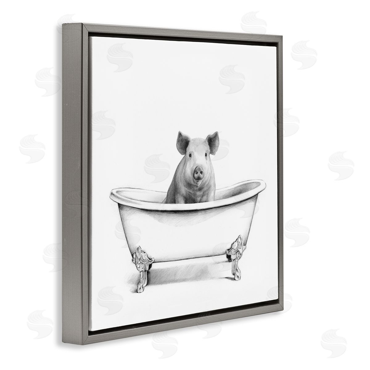 Hog in Bathtub Sketch Grey Floating Frame Canvas Wall Art, Home Decor by Victoria Borges