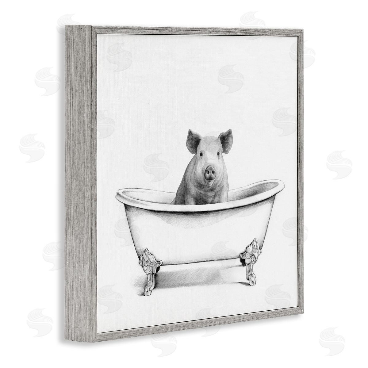 Hog in Bathtub Sketch Grey Frame Print Wall Art, Home Decor by Victoria Borges