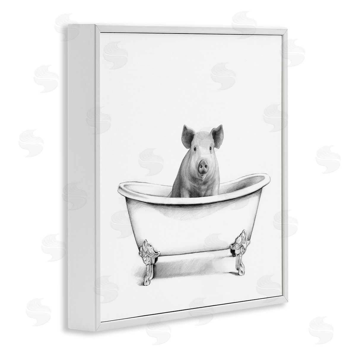 Hog in Bathtub Sketch White Frame Print Wall Art, Home Decor by Victoria Borges
