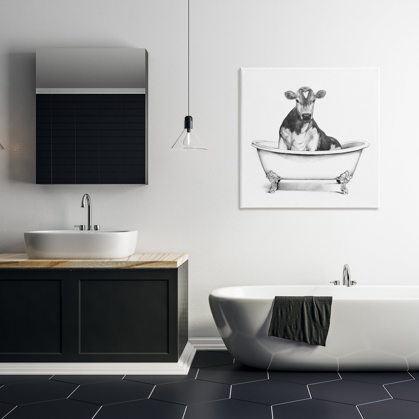Cow in Bathtub Sketch Canvas Wall Art in Room, Home Decor by Victoria Borges