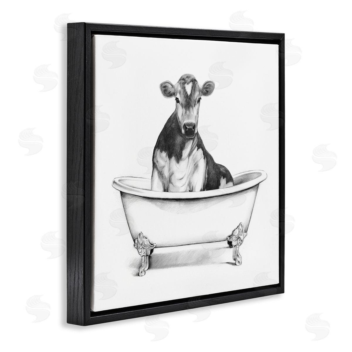 Cow in Bathtub Sketch Black Floating Frame Canvas Wall Art, Home Decor by Victoria Borges