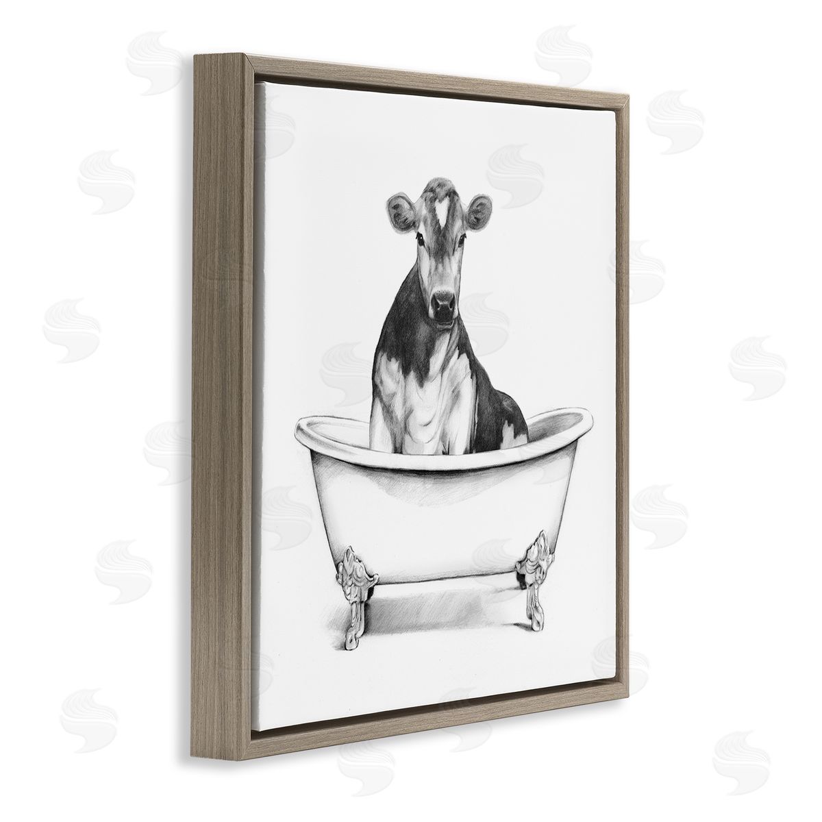 Cow in Bathtub Sketch Brown Floating Frame Canvas Wall Art, Home Decor by Victoria Borges