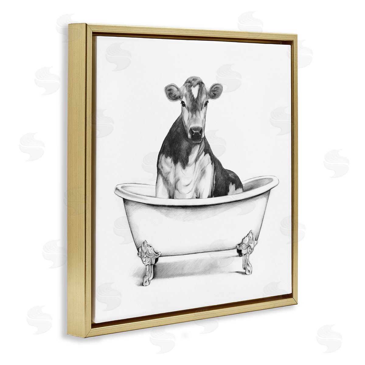 Cow in Bathtub Sketch Gold Floating Frame Canvas Wall Art, Home Decor by Victoria Borges