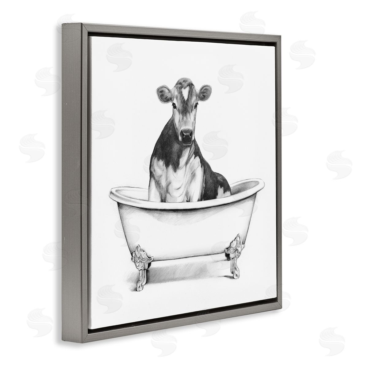Cow in Bathtub Sketch Grey Floating Frame Canvas Wall Art, Home Decor by Victoria Borges