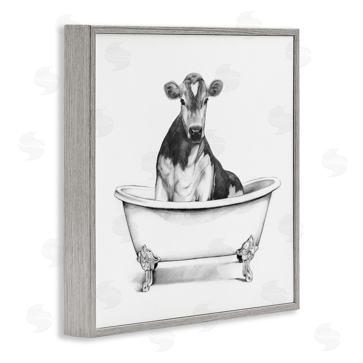Cow in Bathtub Sketch Grey Frame Print Wall Art, Home Decor by Victoria Borges