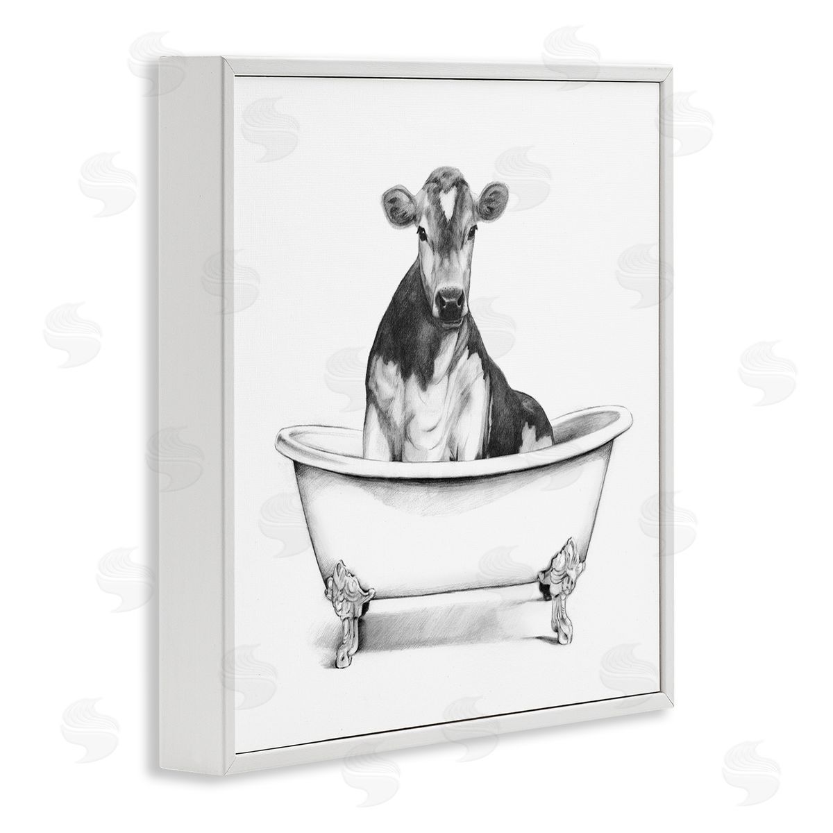Cow in Bathtub Sketch White Frame Print Wall Art, Home Decor by Victoria Borges